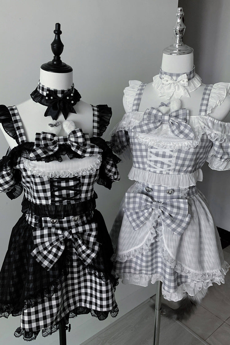 [Night Rabbit Dream] Short Sleeves Plaid Printed Ruffled Open-Front Bow Lace-Up Sweet Jirai Kei Japanese Skirt Set - Product - 8