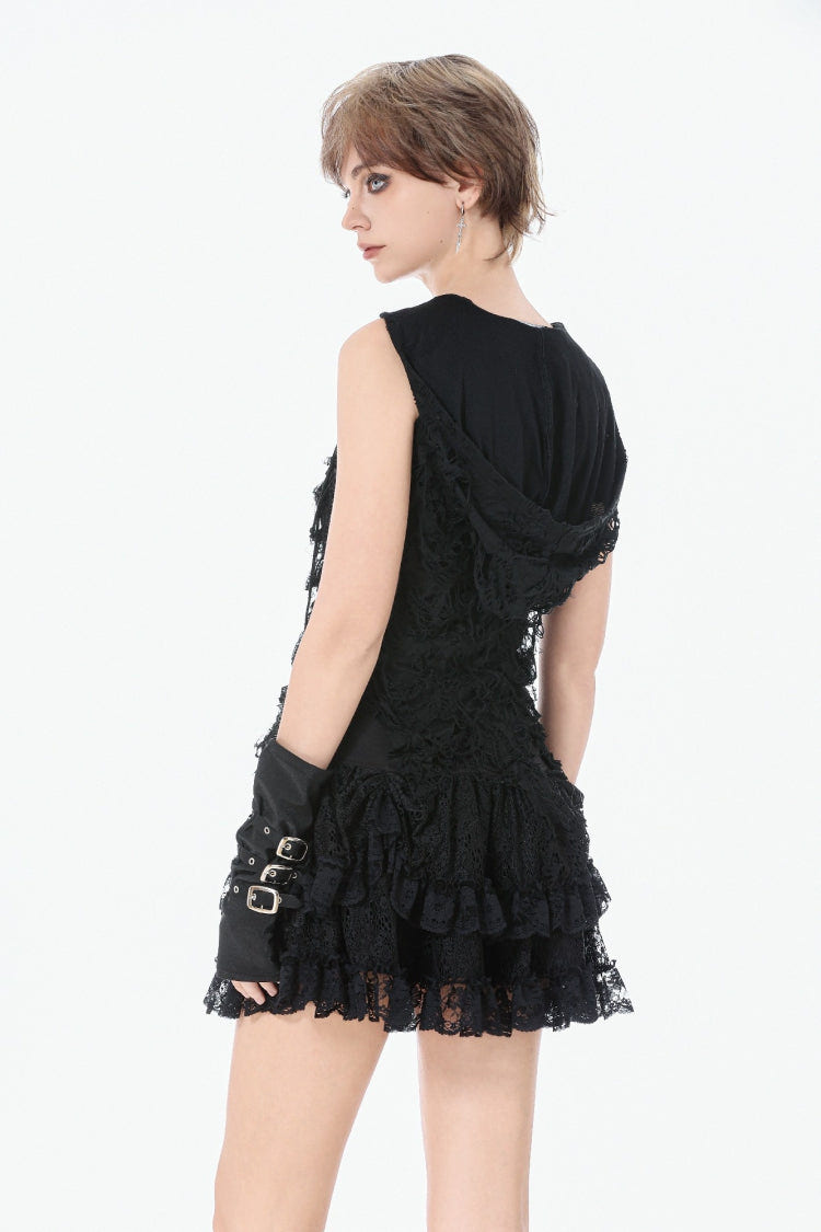 Black Sleeveless Mesh Ripped Asymmetric Zippered Eyelet Women's Punk Hooded Top - Product - 7