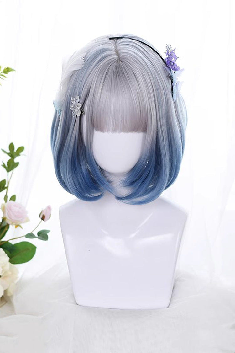 Sweet Gradient Lolita Light Air Bangs Bob With Inward Curly Short Hair Wig 2 Colors - Blue/Purple - 1