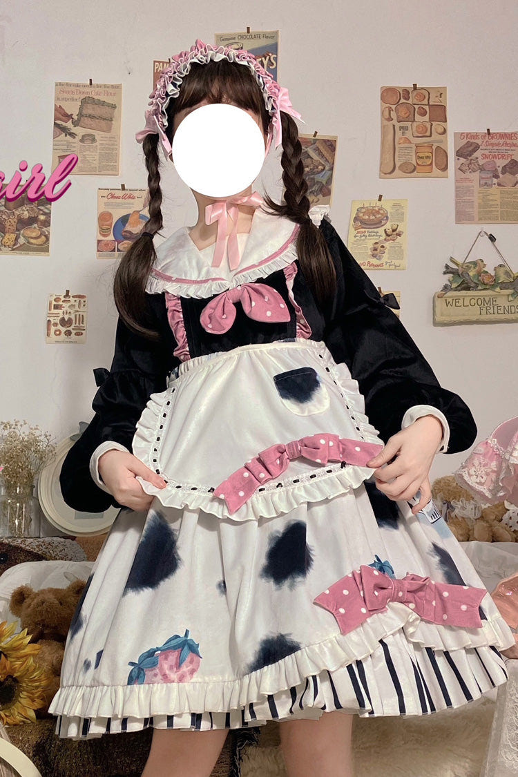 Doll Collar Lantern Long Sleeves Cow Printed Stitching Bowknot Ruffled Sweet Lolita Op Dress - Black - 4
