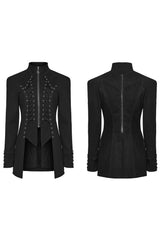 Black Denim Eyelet Rope Stand Collar Zipper Slim Irregular Womens Steampunk Coat - Product - 5