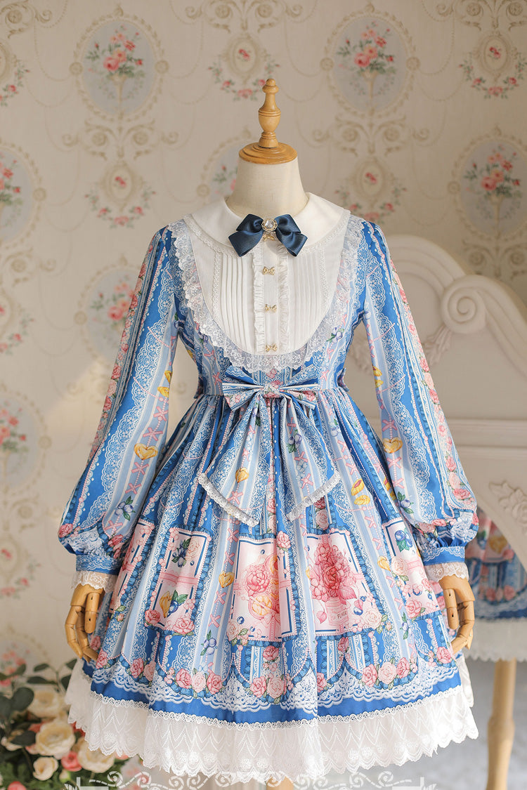 Blueberry Berries Print Long Sleeves Bowknot Sweet Princess Lolita Dress 4 Colors - Dark-Blue - 6