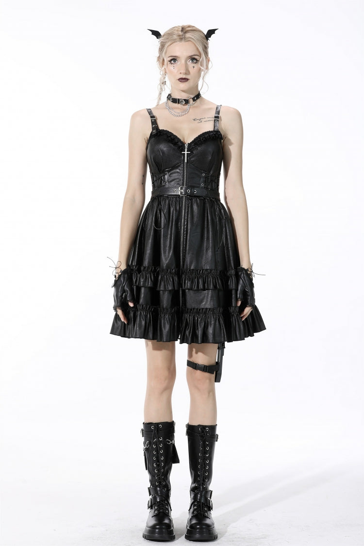 Black Sleeveless Layered Buckled Zippered Women's Gothic Faux Leather Strap Dress - Product - 5