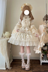 Apricot [Love and Heart Flutter] Sleeveless Multi-Layered Ruffle Bowknot Lace Pearl Sweet Lolita Jsk Dress - Product - 2