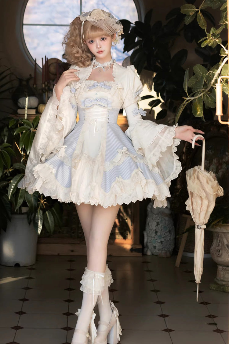 Blue [Letter Paper] Sleeveless Double-Layered Printed Ruffled Open-Front Bow Lace-Up Sweet Lolita Jsk Dress (Short Version) - Product - 3