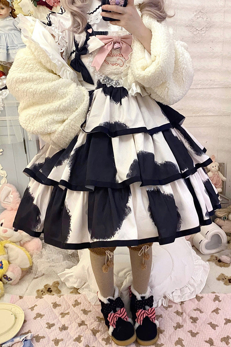 ブラック ノースリーブ 三層 Cow プリント フリル リボン スウィートロリータ ジャンパースカート（JSK） 商品画像