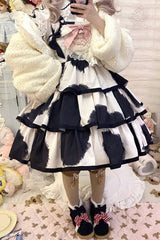 Black Sleeveless Triple-Layered Cow Print Ruffle Bowknot Sweet Lolita Jsk Dress - Product - 3