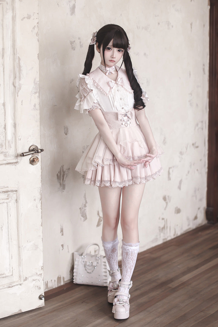 White/Pink [Dreamy Love Ballad] Lapel Collar Short Sleeves Double-Layered Ruffled Cut-Out Bow Gothic Japanese Jirai Kei Skirt Set - Product - 2