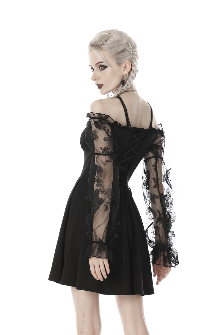 Black Sexy Off Shoulder Lace Long Sleeves Lace-Up Women's Gothic Graduation Dress - Product - 4