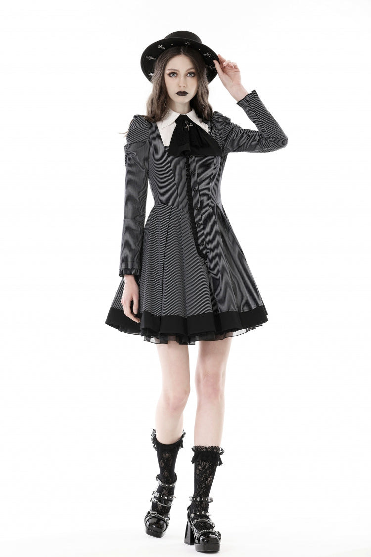 ブラック／ホワイト ラペルカラー ロング パフスリーブ レディース ゴシック ストライプ Preppy スタイル ワンピース 商品画像
