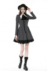 Black/White Lapel Collar Long Puff Sleeves Women's Gothic Striped Preppy Style Dress - Product - 8