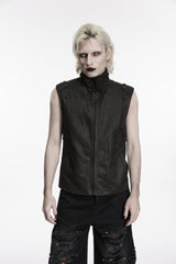 Black Stand Collar Sleeveless Studded Zippered Pleated Men's Punk Cool Vest - Black - 1