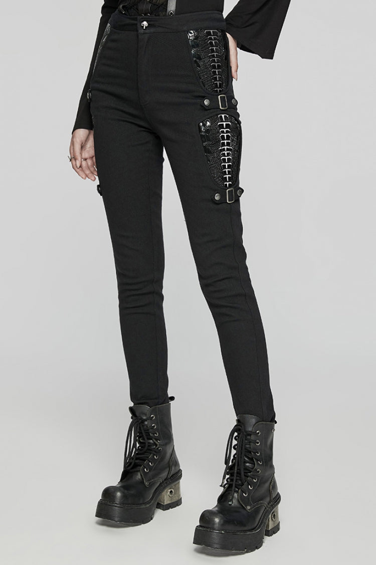 Black Patent Leather Stitching Women's Punk Pants - Product - 2