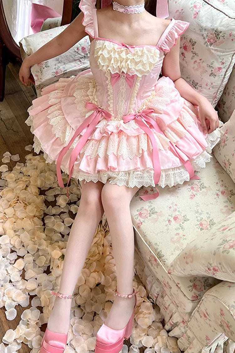 Pink [Strawberry Candy] Multi-Layered Ruffle Bowknot Lace Sweet Ballet Lolita Dress - Product - 3