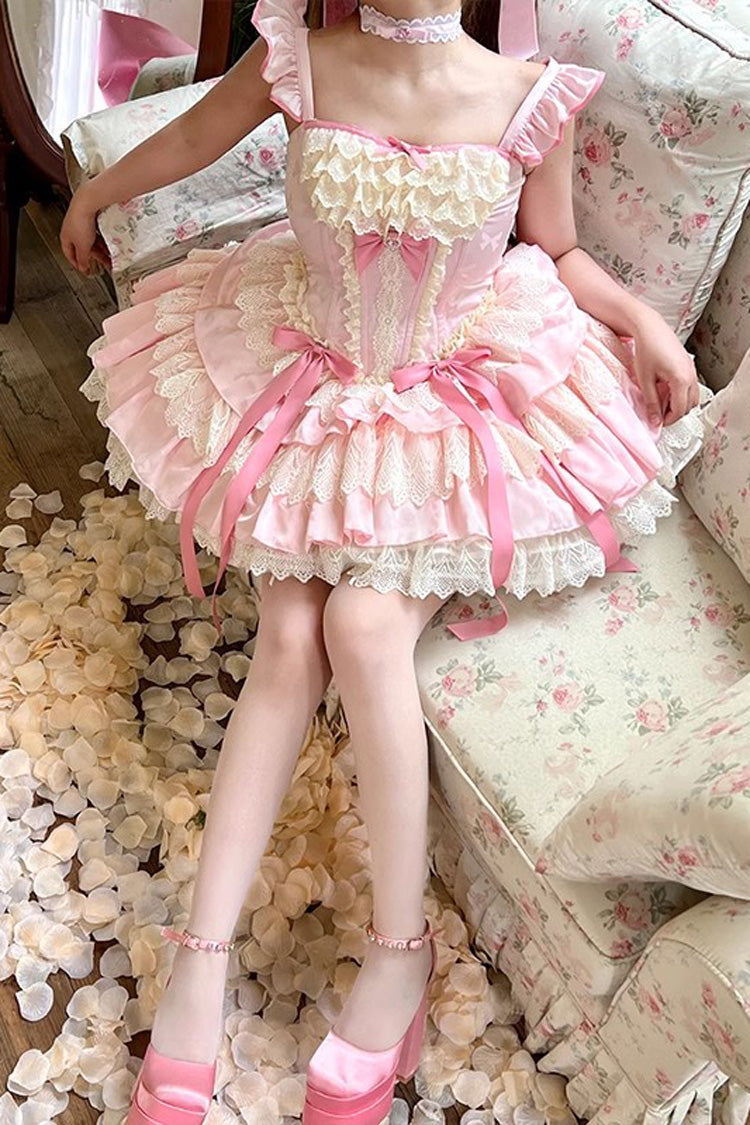 Pink [Strawberry Candy] Multi-Layered Ruffle Bowknot Lace Sweet Ballet Lolita Dress - Product - 3