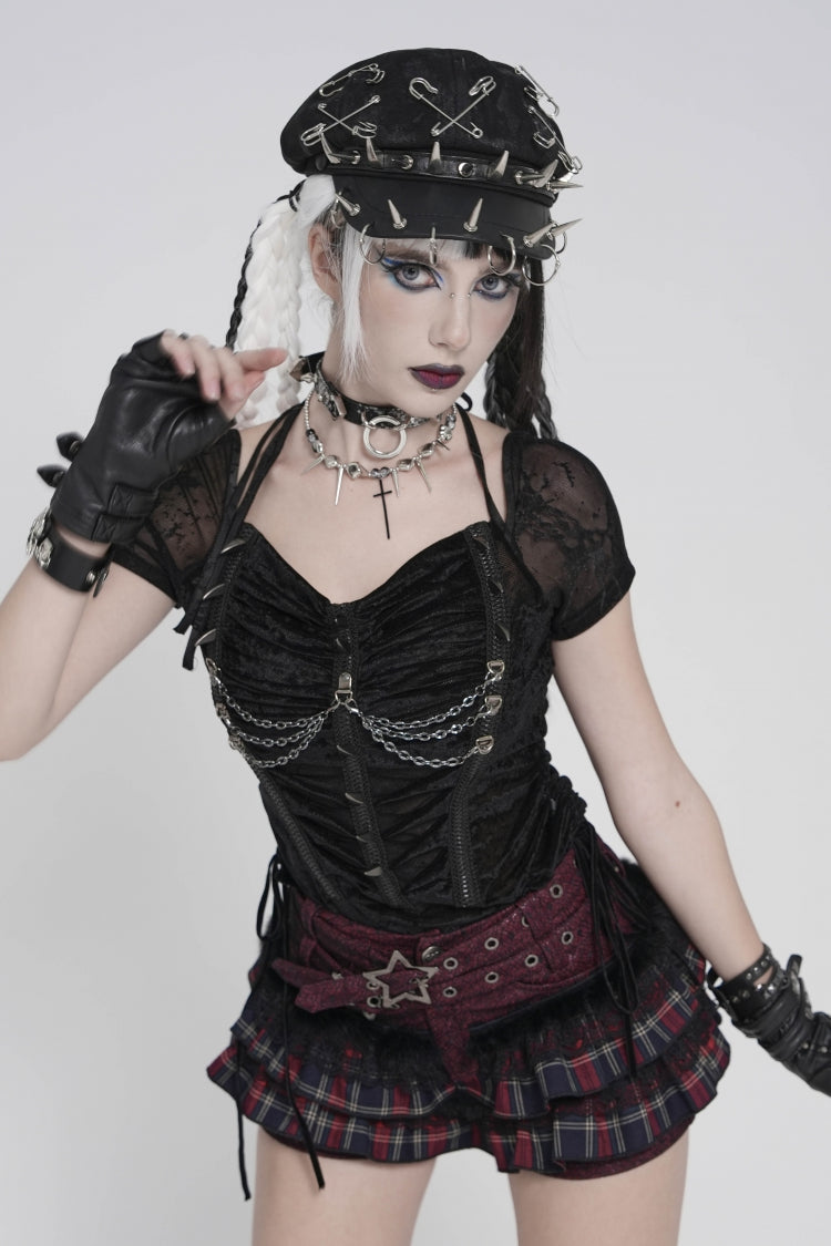 Black Short Sleeves Slim Studded Pleated Chain-Decorated Women's Punk Cool Blouse - Product - 8