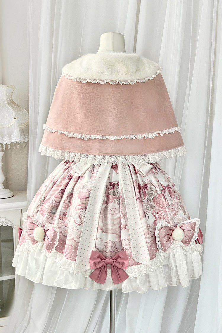 Pink [Sweet Dessert Cat] Print Ruffle Bowknot Lace Sweet Princess Lolita Dress Set - Product - 2
