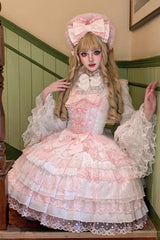 Pink/White [Love Overture] Multi-Layered Ruffle Bowknot Lace Sweet Lolita Jsk Dress - Product - 9