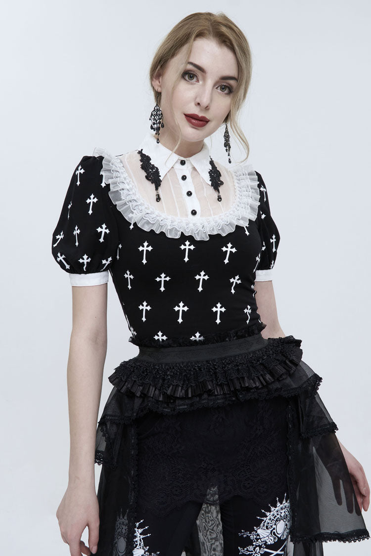 Black/White Cross Printed Chest Paneled Chiffon With Lace Collar Applique? Lace Strap Pendant Women's Punk Shirt - Product - 2