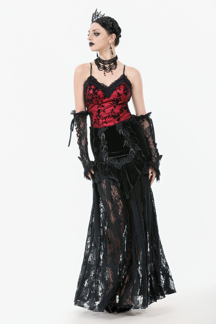 Black Multi-Layered Ruffled Velvet Spliced Lace Lace-Up Women's Gothic Long Skirt - Product - 6