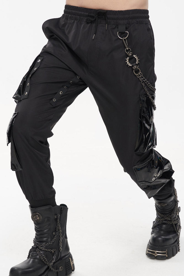 Black Punk Multi Pocket Splicing Illusory Color Removable Metal Left Chain Design Cargo Men's Pants - Product - 6