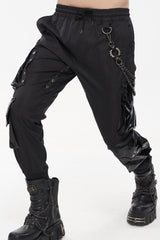 Black Punk Multi Pocket Splicing Illusory Color Removable Metal Left Chain Design Cargo Men's Pants - Product - 6