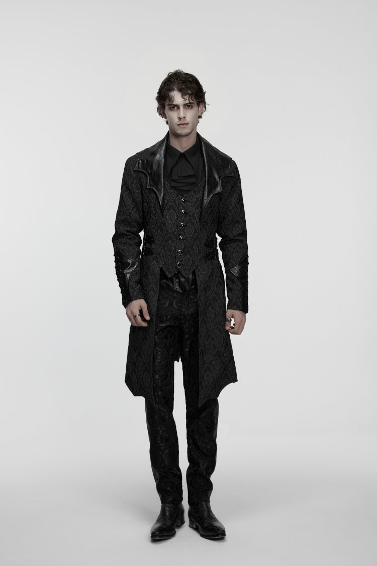Black Lapel Collar Long Sleeves Jacquard Spliced Lace-Up Slim Buckled Men's Gothic Coat - Product - 5