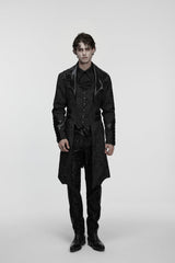 Black Lapel Collar Long Sleeves Jacquard Spliced Lace-Up Slim Buckled Men's Gothic Coat - Product - 5