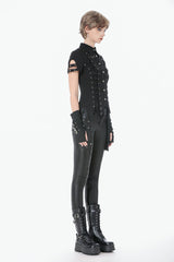 Black Turn-down Collar Short Sleeves Lace-Up Eyelets Women's Punk Blouse - Product - 2