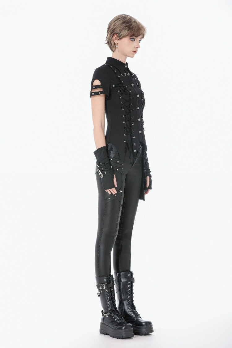 Black Turn-down Collar Short Sleeves Lace-Up Eyelets Women's Punk Blouse - Product - 2