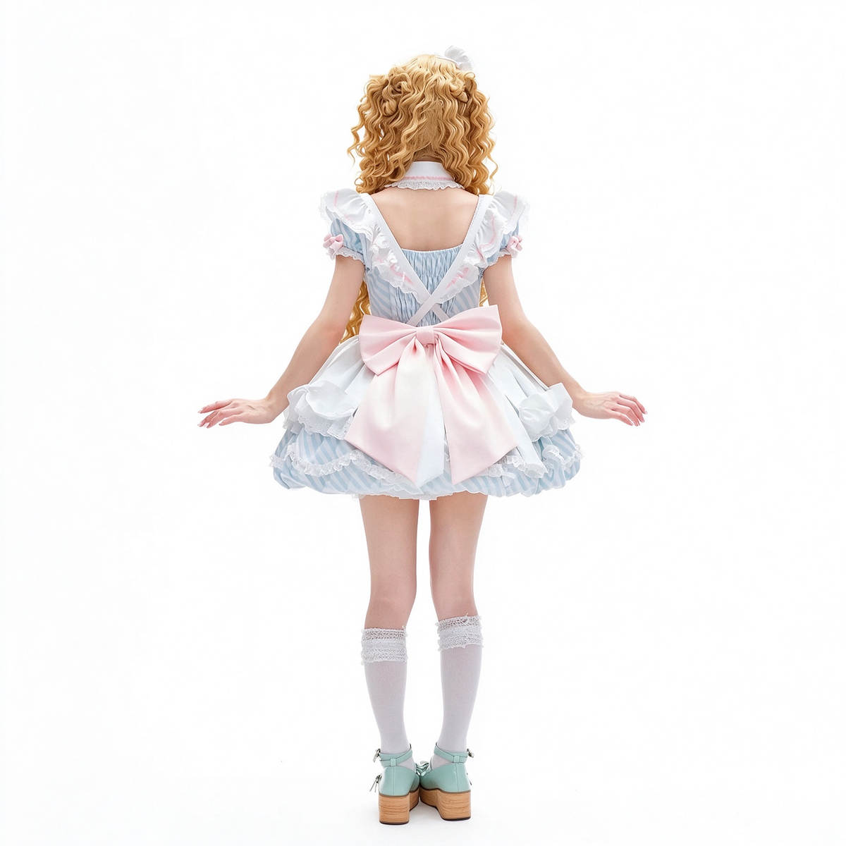 Light Blue and Pink Ruffled Maid Sweet Lolita Dress with Apron Bow Accent - view 6