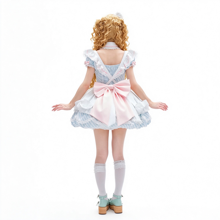 Light Blue and Pink Ruffled Maid Sweet Lolita Dress with Apron Bow Accent - view 6