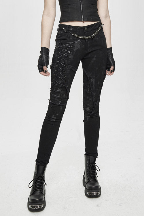 Black Punk Hand Painted Laced Up Legs Cool Womens Pants - Black - 1