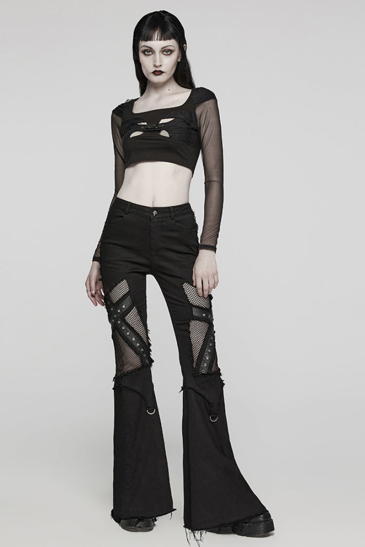 Black Mesh Women's Punk Eyelet Ring Flared Pants - Product - 4