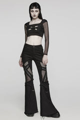 Black Mesh Women's Punk Eyelet Ring Flared Pants - Product - 4