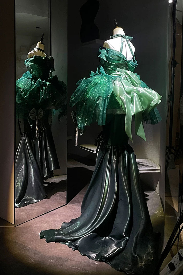 Green [Mermaid Tears] Off Shoulder High Waisted Ruffled Bow Sweet Princess Lolita Dress - Product - 8
