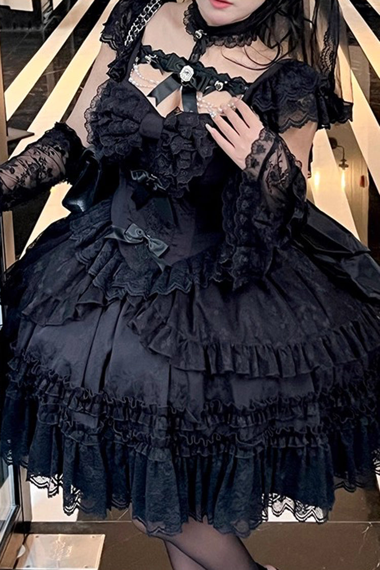 Black [Jewelry Love Story] Halterneck Ruffle Hanayome Bowknot Lace Gothic Lolita Dress - Product - 10