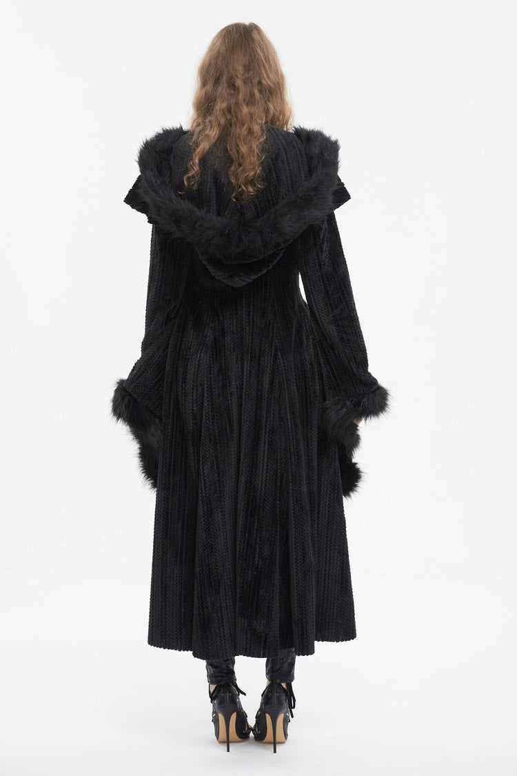 Black Flared Sleeved Fluffy Long Women's Gothic Coat With Hood - Product - 5