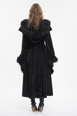 Black Flared Sleeved Fluffy Long Women's Gothic Coat With Hood - Product - 5