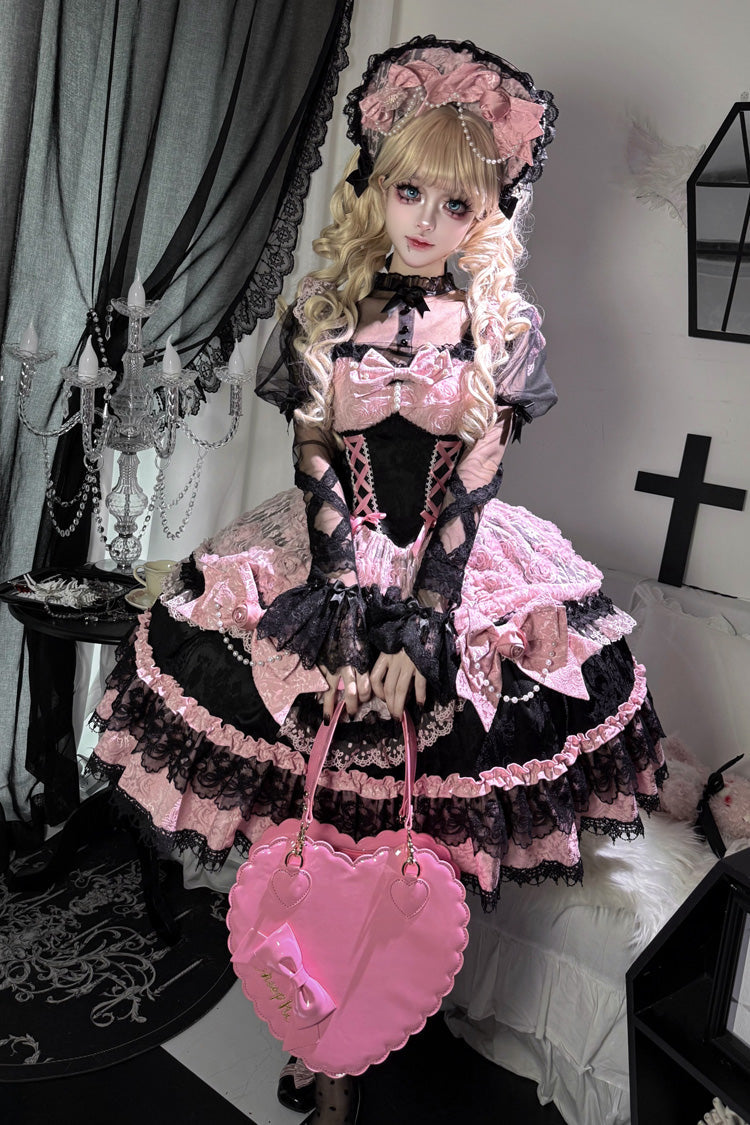 Black/Pink [Rose Princess] Sleeveless Ruffle Bowknot Lace Lace-Up Sweet Ballet Lolita Jsk Dress - Black/Pink - 1