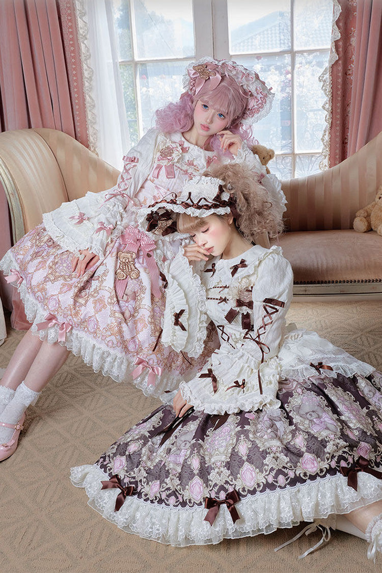 Brown [Antique Teddy Bear] Sleeveless Printed Bow Lace Sweet Elegant Lolita Jsk Dress - Product - 6