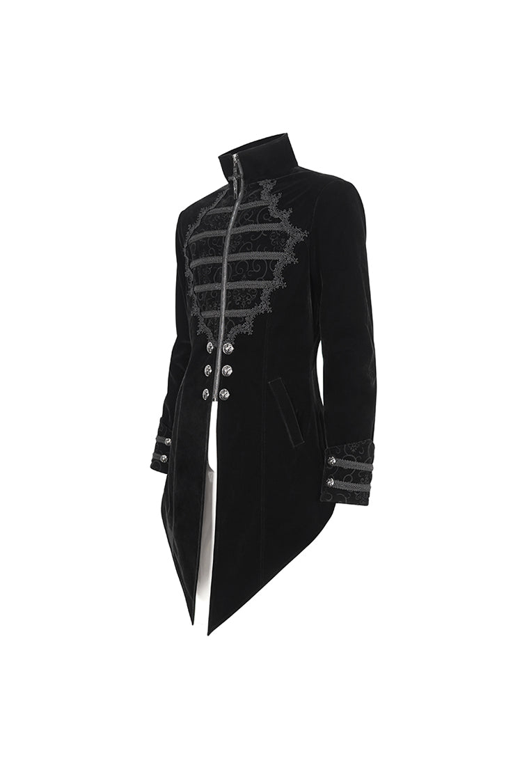 Black Stand Collar Lace Splice Swallow Tailed Men's Gothic Coat - Product - 8