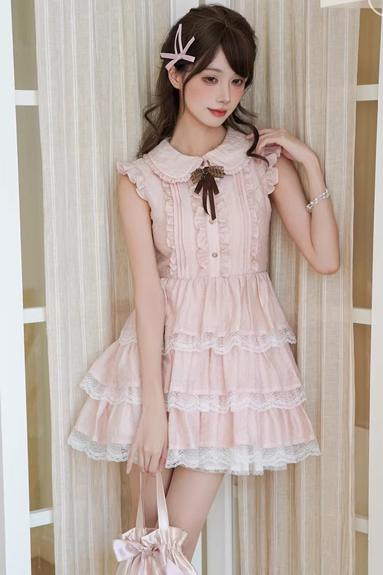 Pink Doll Collar Triple-Layered Ruffled Bow Lace Sweet Lolita Dress - Pink - 1