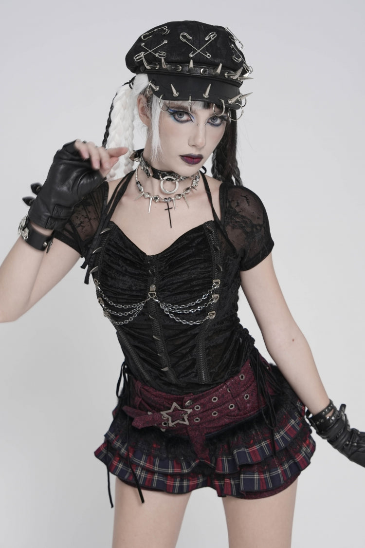 Black/Red Multi-Layered Lace Detachable Eyelet Women's Punk Layered Plaid Falbala Shorts - Product - 2