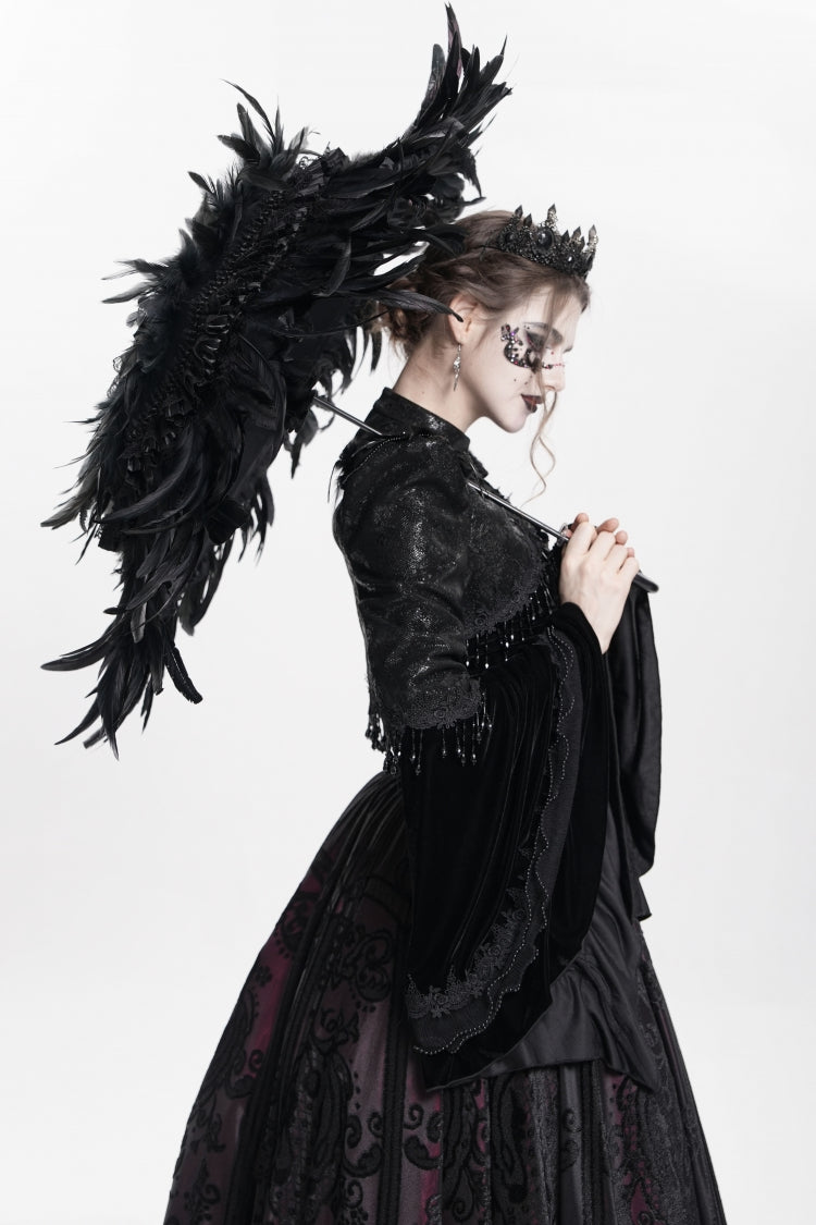 Black Long Sleeves Floral Embroidery Women's Gothic Beaded Frog Short Jacket - Product - 3