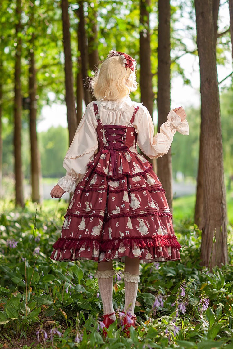 Miss Rabbit Dance Print Multi-layer Ruffle Sweet Elegant Lolita Jsk Dress 4 Colors - Product - 12