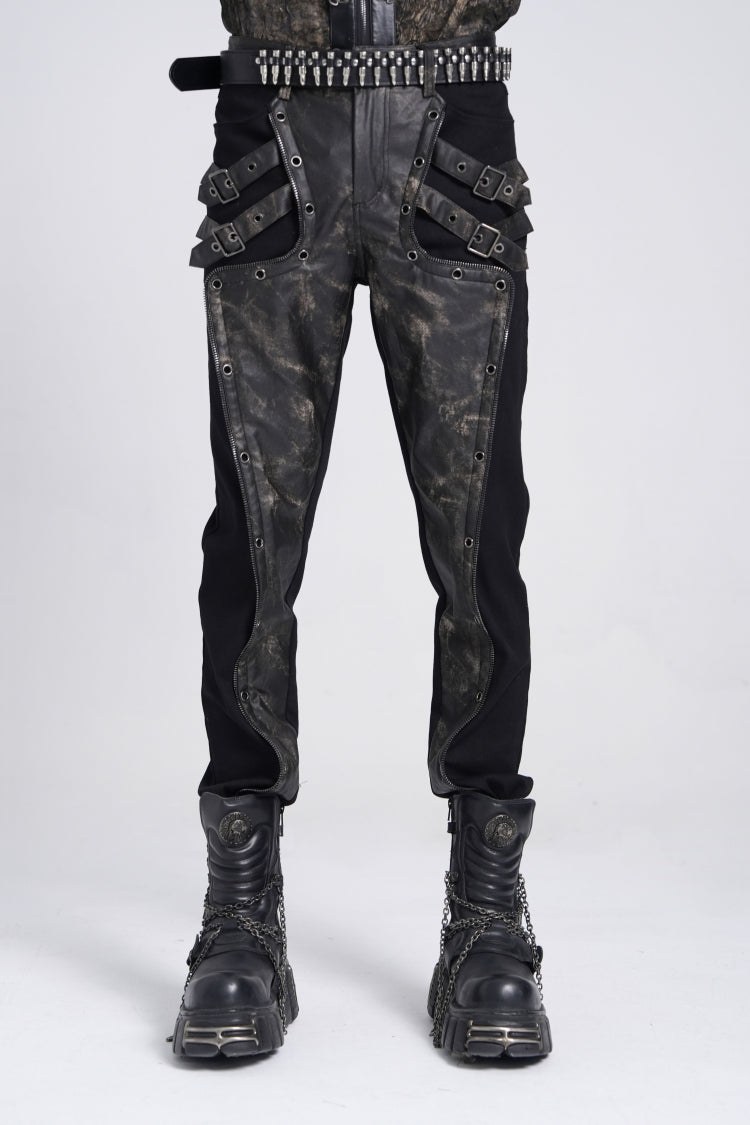 Black/Grey Faux Leather Stitching Buckle Men's Punk Pants - Black/Grey - 1