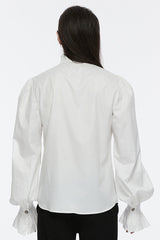 White Stand Collar Long Puff Sleeves Crochet Men's Gothic Blouse - Product - 3