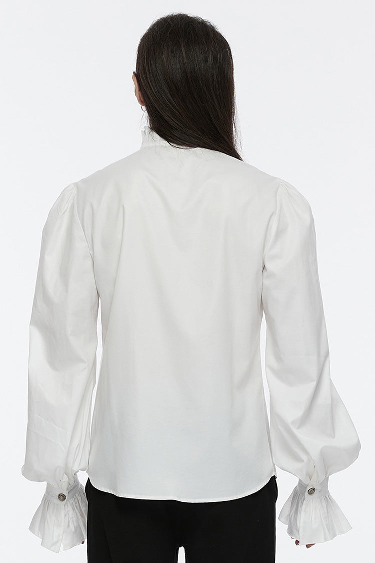 White Stand Collar Long Puff Sleeves Crochet Men's Gothic Blouse - Product - 3