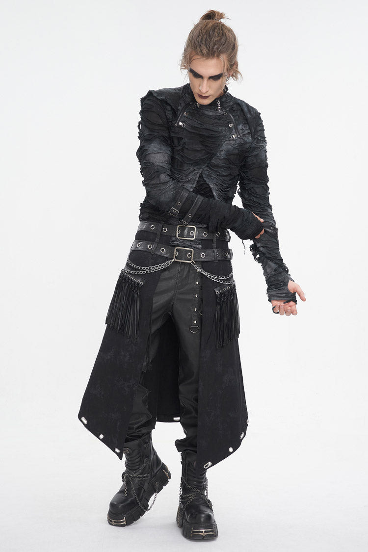 Black High Collar Long Sleeves Print Ripped Men's Punk Hoodies T-Shirt - Product - 2